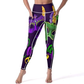 Xmkltbz Soft Stretchy Yoga Pants, Women High Waist Tummy Control Leggings Long Workout Athletic Tights with Pockets (M) Print Mardi Gras Carnival Calligraphy Face Mask Purple Green on Black