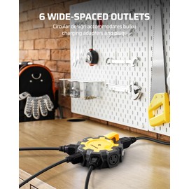 DEWENWILS Heavy Duty 6 Outlet Power Hub with Swivel Safety Covers, Outdoor Extension Cord Adapter, Resettable 15A Circuit Breaker, for Outdoor Lights, Holiday Decorations, Workshop, Jobsite, Garage