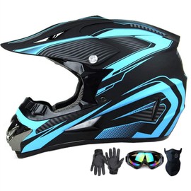 Motocross Helmet,Adult &Youth Trend Full Face,ATV Motorcycle,Dirt Bike Downhill Off-Road Mountain Bike Helmet,DOT Certified,4-Piece Set (Blue, L)