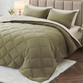 MUXHOMO 7 Pieces Full Comforter Set, Reversible Bed in a Bag Full Size, All Season Bedding Set with Comforter, Flat Sheet, Fitted Sheet, Pillowcases & Shams, Olive Green & Beige
