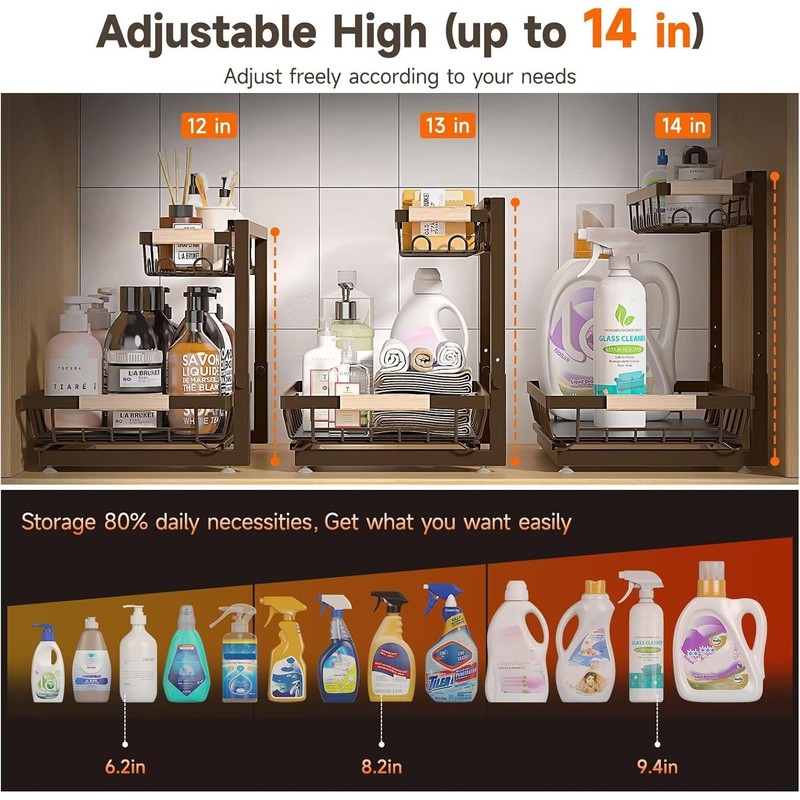 Sevenblue 2-Pack 2-Tier Height Adjustable Under Sink Organizer & Storage