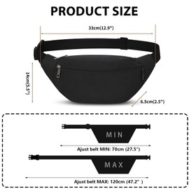 Leogony Fanny Pack for Women Men, Adjustable Black Bum Bag with Keychain