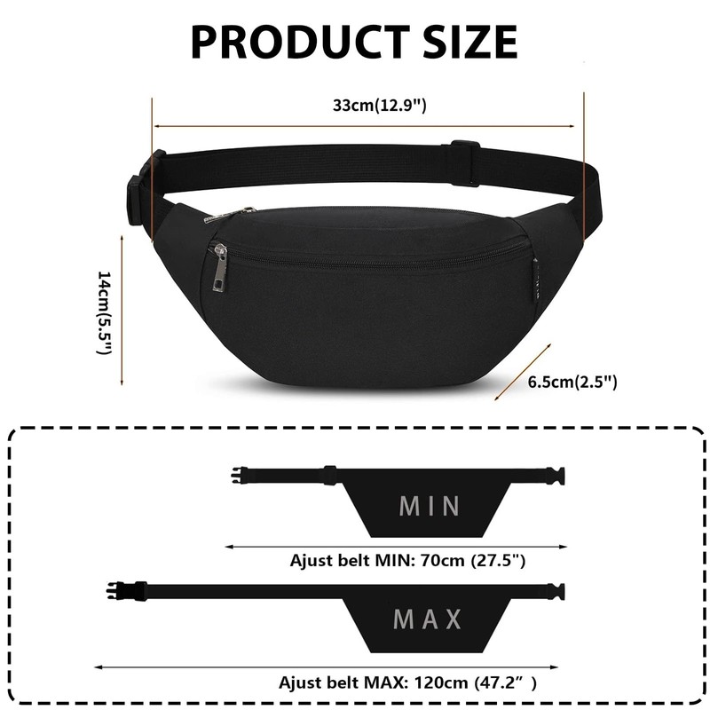 Leogony Fanny Pack for Women Men, Adjustable Black Bum Bag