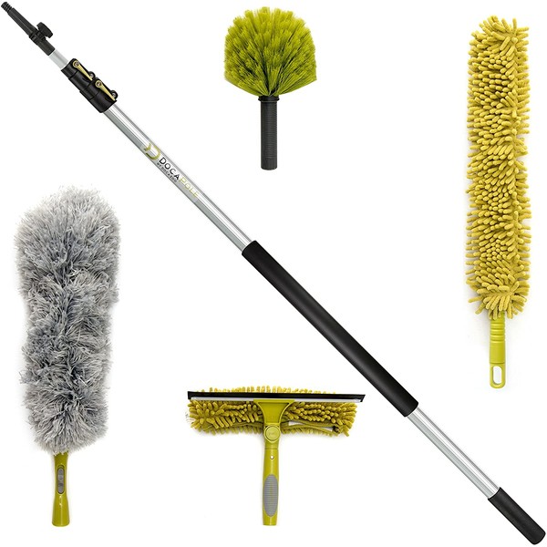 DocaPole 20 ft Reach Cleaning Kit with 5-12 Foot Telescoping Extension Pole, 3 Dusting Attachments 1 Window Squeegee & Washer, Cobweb Duster, Microfiber Feather Duster