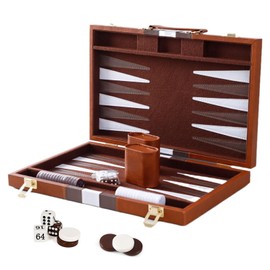 Caossuixin Travel Backgammon Set, Deluxe Leather Backgammon Board Game for Adults and Children, Portable Travel Backgammon Set, 11 Inch Backgammon Set with Dice Cup and Backgammon Pieces (Brown)