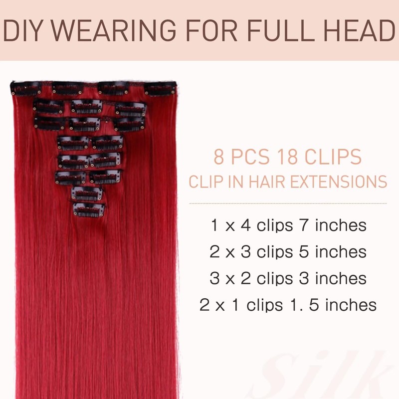 Dark Red Hair Extensions Clip in 26" 100% Synthetic Hairpiece