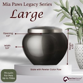 Best Friend Services Pet Urn - Memorial Cremation Pet Urns for Dog and Cat Ashes, Hand Carved Mia Series Urn for Pets up to 70lbs (Large, Slate, Single Pewter Paw)