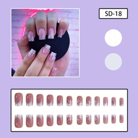 Snowflake Press on Nails Short Square Fake Nails with Silver Glitter Gradient Designs Christmas False Nails Glossy Stick on Nails with Jelly Glue Acrylic Nail Kits for Women Girls 24 Pcs