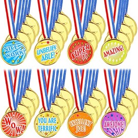 Award Medals Assortment Gold Kids Plastic Award Medals Winners Sports Reward Motivational Medals with Neck Ribbon for Students Sports Meeting Dress up Party Games Award (48)
