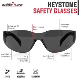 BISON LIFE Keystone Series Safety Glasses | One Size, Protective Polycarbonate Lens, Full Color, 6 Blue and 6 Black (12 pairs in 1 box), 24-Pairs