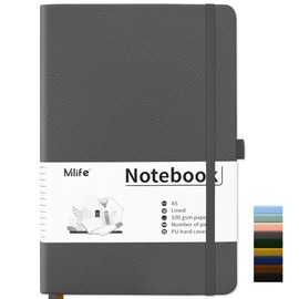 Mlife Notebook Lined A5, Journal Book with 200 Pages, Premium 100 gsm Ink-Proof Paper Thickness, PU Hard Cover Notebook, Inner Pocket, Elastic Band, Bullet Journal and Notepad, Hard Cover (Grey)