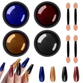 Allstarry Chrome Nail Powder 4 Colors Metallic Mirror Effect Powder Manicure Chrome Pigment Powder Magic Glitter Dust Kit for Gel Polish Nail Art Decoration with 4 Sponge Sticks- Ruby Sapphire Series