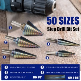 Lichamp Step Drill Bit Set for Metal Sheet Heavy Duty, 5-Piece HSS Step Up Down Drill Bits Stepper Unibit for Steel Hole, 50 Sizes from 1/8 to 1-3/8 inches, B105RD