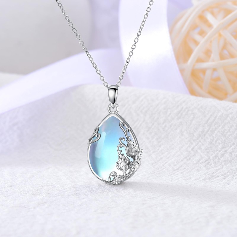 POPLYKE Moonstone Dragonfly/Phoenix Feather/Stingray/Hummingbird Necklace Sterling Silver Moonstone Teardrop Pendant