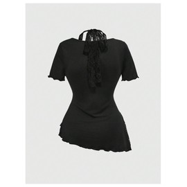 SOLY HUX Women's Y2k Grunge Goth T Shirts Short Sleeve Lace Halter Tee Tops Fairy Festival Rave Outfits Solid Black Small