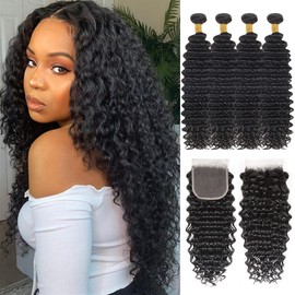 Closure with Bundles (16 18 20 22+14 Closure) Free Part Deep Wave 4 Bundles with 4x4 Lace Closure 100% Unprocessed Brazilian Virgin Remy Hair Curly Bundles Hair Extension Double Weft Natural Color