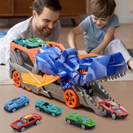 Jiakora Dinosaur Toy Catapult Car for Children Ages 3-6, Transport Truck Set with 4 Mini Metal Cars, Shoots Vehicles from the Mouth of the Beast, Toy Gift for Boys