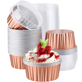 EUSOAR Disposable Foil Ramekins with Lids, 60pcs 5oz Cupcake Liners Aluminum Foil Baking Dessert Cups, Mini Muffin Creme Brulee Ramekins Cheesecake Pan for Catering Wedding Party Favor-Rose Gold
