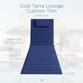 Codi Portable Outdoor Chaise Lounge Cushions for Patio & Poolside - Water Resistant, Quick Dry, Lightweight, Thin Lounger Chair Pads for Outside - Navy Blue, 80x26x0.6