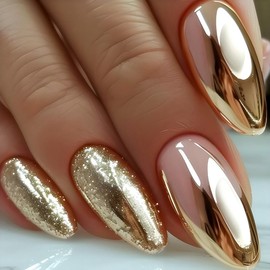 Rchovsam Medium Almond Press on Nails Solid Gold Nails Press Ons Winter Gold Glitter Designs False Nails Full Cover Glossy Artificial Fake Nails Holiday Gift for Women 24pcs