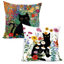 2Pcs Cat Pillow Covers 18x18 Inch, Floral Throw Pillow Covers with Square Pillowcases, Colorful Flowers Pillows Cover for Living Room Home Sofa Bedroom Decor, Cat Lover Gifts for Women Mom Friend