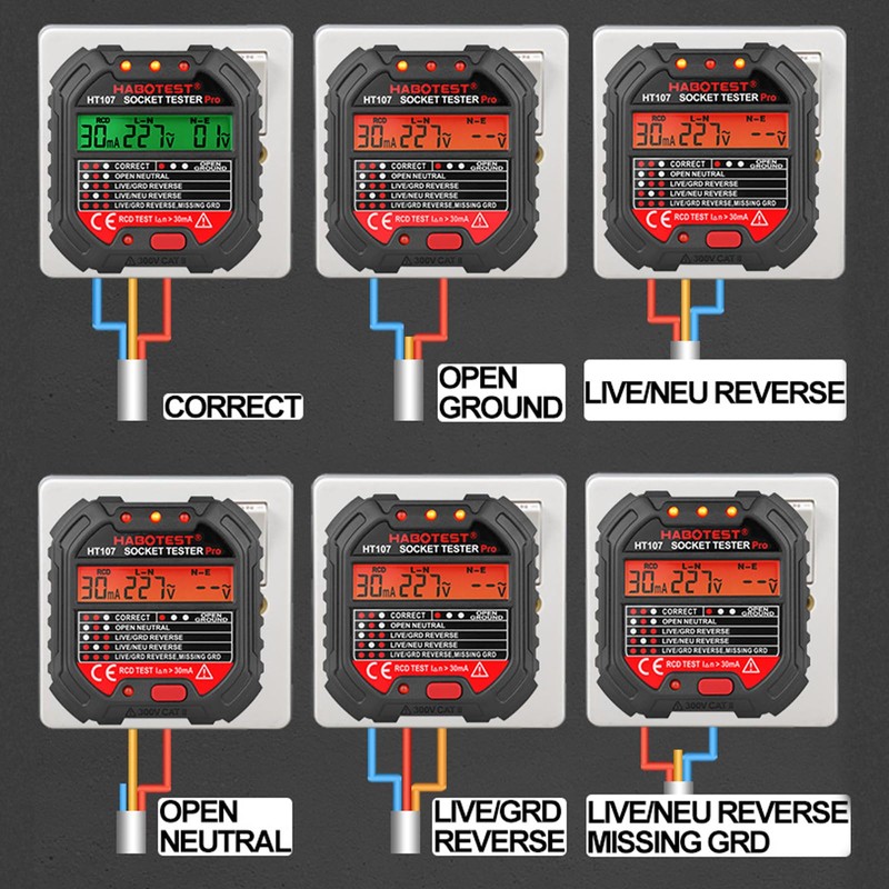 VOBOR Steckdosentester mit RCD-Prüfung und LCD-Voltage-Display, 6 Arten von Fehlerdiagnose,