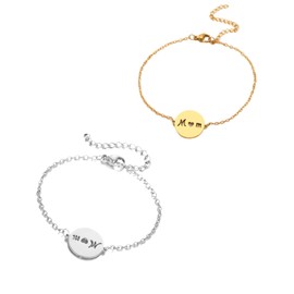 MOM Letter Pendant Bracelet for Women Mothers Day Gift Jewelry 2Pcs Silver/Gold Plated Stainless Steel Chain Bangle Bracelet Trendy Disc Monogram Charm Link Bracelet Dainty Hollow Heart Disc Bangle (Gold/Silver)
