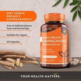 Nutravita Organic Ashwagandha KSM-66? with 5% Withanolides - Vegan Friendly with The Highest Concentration Most Bioavailable Full-Spectrum Root Powder for Immune Support - Made in The UK by Nutravita