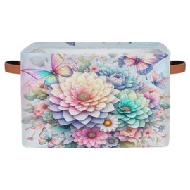 Pardick Basket Storage Bins Rainbow Flower Floral Rectangle Cube Basket Box Kids Girls Boys Toys Organizer Beaket Decor Foldable with Handle for Living Room Bedroom Closet Nursery Office Shelf Gifts