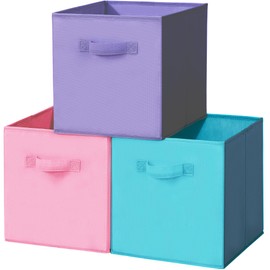 Easi Storage Cubes, 11 Inch Fabric Storage Bins, Set of 3, Foldable Collapsible Cube Organizer with Handles, Closet Shelves Office Nursery Storage, Cubby Storage Bins for Toys Clothes Books, Multi