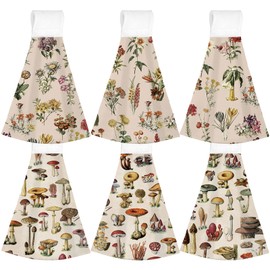 Jingmore 6 Pcs Summer Hanging Kitchen Towels with Loop Camping Hand Tie Towels Microfiber Drying Baking Cooking Cloth(Khaki,Mushroom)