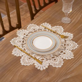 European Antique Jacquard Lace Table Doilies,Small Farmhouse Linen Embroidered Table Topper Scarf Place Mat Rustic Table Cover (Flower Shape, Diameter 15.7Inch)