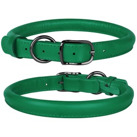 BUDKAS Rolled Leather Dog Collar for Small Medium Large Dogs Puppy Durable Adjustable Soft Round Rope Pet Collars (17"-21" Neck Fit, Green)