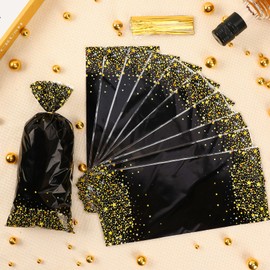 Black Gold Party Favor Bags, 100 PCS Black Gold Treat Bags, Plastic Star Dot Candy Cookie Goodie Gift Bag Holiday Snack Treat Bag with Gold Twist Tie for Graduation Birthday Wedding Party Favor Supplies