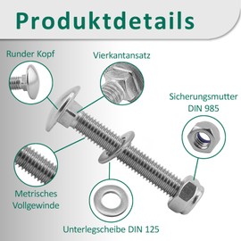 DSM - Carriage Bolts M6 x 30 mm DIN 603 - M6 Locking Nut DIN 985 & Washer DIN 125 - A2/V2A Stainless Steel - Square Head Screws - Stop Nuts - Pack of 25