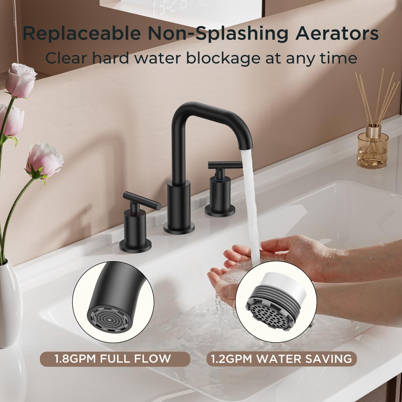 FORIOUS Matte Black Bathroom Faucet 3 Hole Widespread, 8 Inch