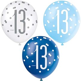 Unique 83394 Polka Dots 13th Birthday Latex Balloons, 12" | Assorted | 6 Pcs, Blue, Age 13