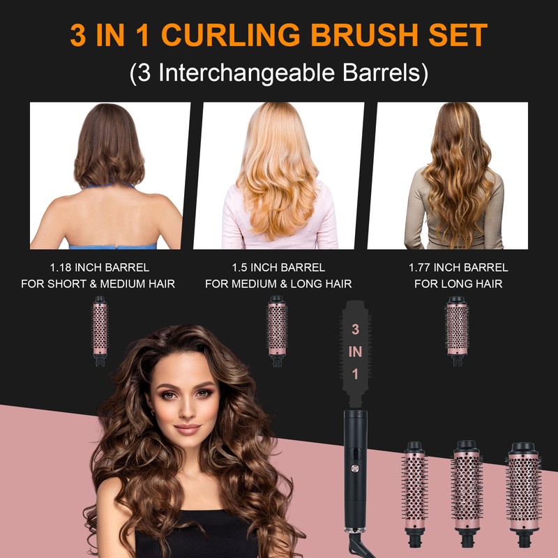 Thermal Brush with 3 Interchangeable Heads Heated Round Brush for