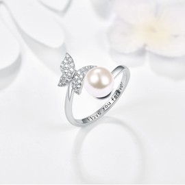 Dreamboat Butterfly Ring Pearl Ring Adjustable Sterling Silver Rings for Women Promise Rings for Her Open Rings Size 7-9, Stainless Steel, Cubic Zirconia