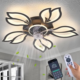 Ruibutrade Modern CeilingFans with Lights, Low Profile Ceiling Fan with Remote for Bedroom, Flush Mount Ceiling Fan with LED Dimmable Light,3-Colors, 6-Speeds, Timing Ceiling Fan Light-WBlack Leaves