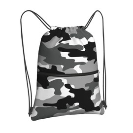 Black White Camo Drawstring bag, Camouflage Men Camping Gym Drawstring Backpack, Women Outdoor Sports Travel Sackpack Bag with Front Zipper Pocket and Inside Zipper Pocket - Can Keep Key or Phone