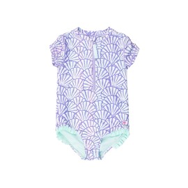 RuffleButts Girls UPF50+ Sun Protection Front Zipper Short Sleeve Rash Guard One Piece Swimsuit - Magical Mermaid, 3T