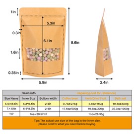 Moretoes 72pcs Kraft Paper Resealable Bags for Small Business, 5.9x8.6 Inches Stand Up Pouches, Food Packaging Bags with Window, Ziplock Coffee Pouches for Small Business