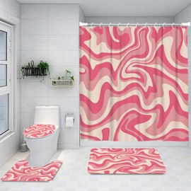 Azppsad 4Pcs Shower Curtain Sets, Pink and Cream 70s Retro Wavy Swirl Pattern Bathroom Decor Set with Rugs and Accessories, Bathroom Decor Sets, 72 X 72 Inches