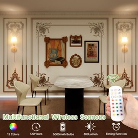 Shenmoyl Battery Operated Wall Sconces Set of 2, Beech Color Wall Lamp 5000 mAh Rechargeable Bulb with 12 RGB Colors Dimmable Wall Sconce for Living Room Bedroom