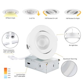 KnLnny Ware Recessed Lighting 9W 750LM Dimmable LED Recessed Ceiling Light with Junction Box,Adjustable Eyeball Gimbal, Air Tight,ETL Listed,5 CCT Selectable, 6Pack