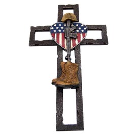 Fallen Soldier Wall Cross Featuring a Helmet and Boots with an American Flag Heart, 11 3/4 Inches