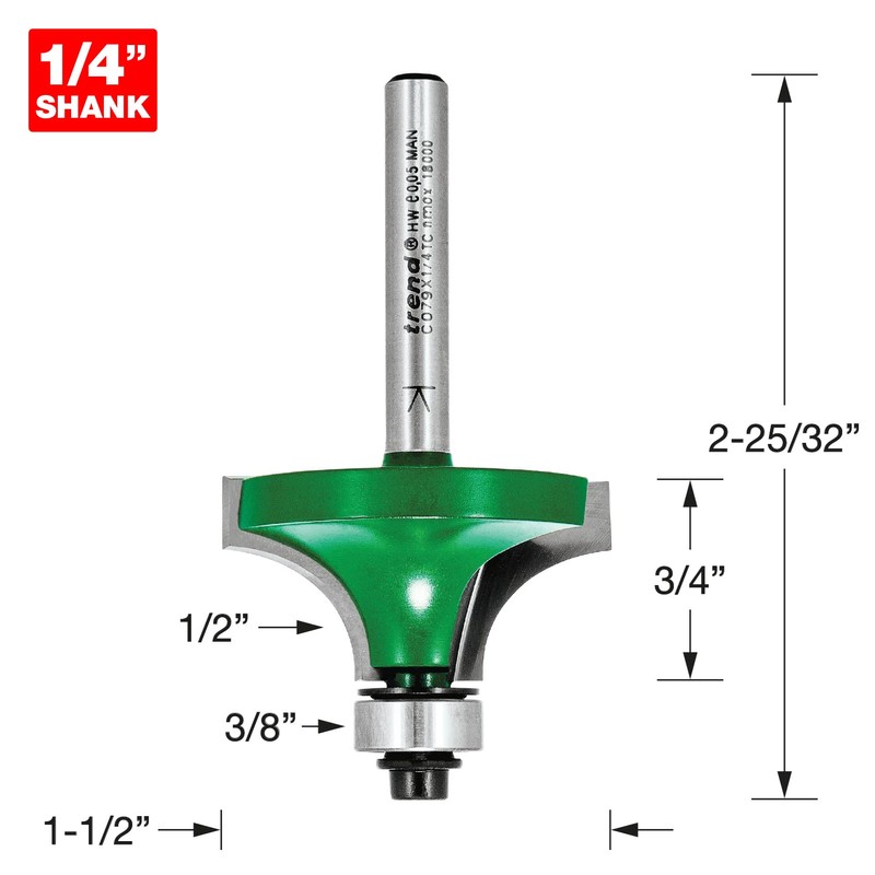 Trend CraftPro Bearing Guided Round Over Router Cutter, 1/4 Inch