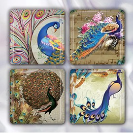 Lovely Peacock Bird Designs Collection Handmade Square Glass Tile Magnets 30mm (1.18") - Set of 4