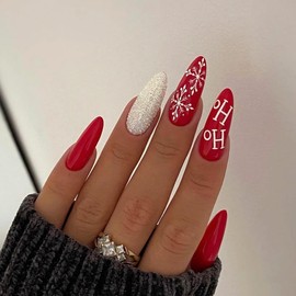 24Pcs Christmas Press on Nails Medium Almond Snowflake Fake Nails Christmas Glue on Nails with Glitter Red Full Cover Acrylic False Nails Artificial Christmas Nails for Women New Year Manicure Decor